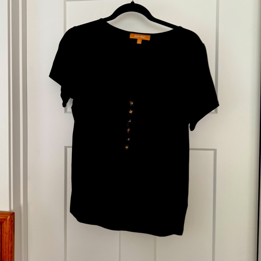 Ellen Tracy Black Short Sleeve Tee with Gold Accents